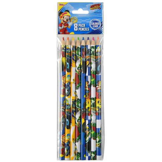Eight Disney Mickey Mouse colored pencils arranged together in packaging featuring character design.