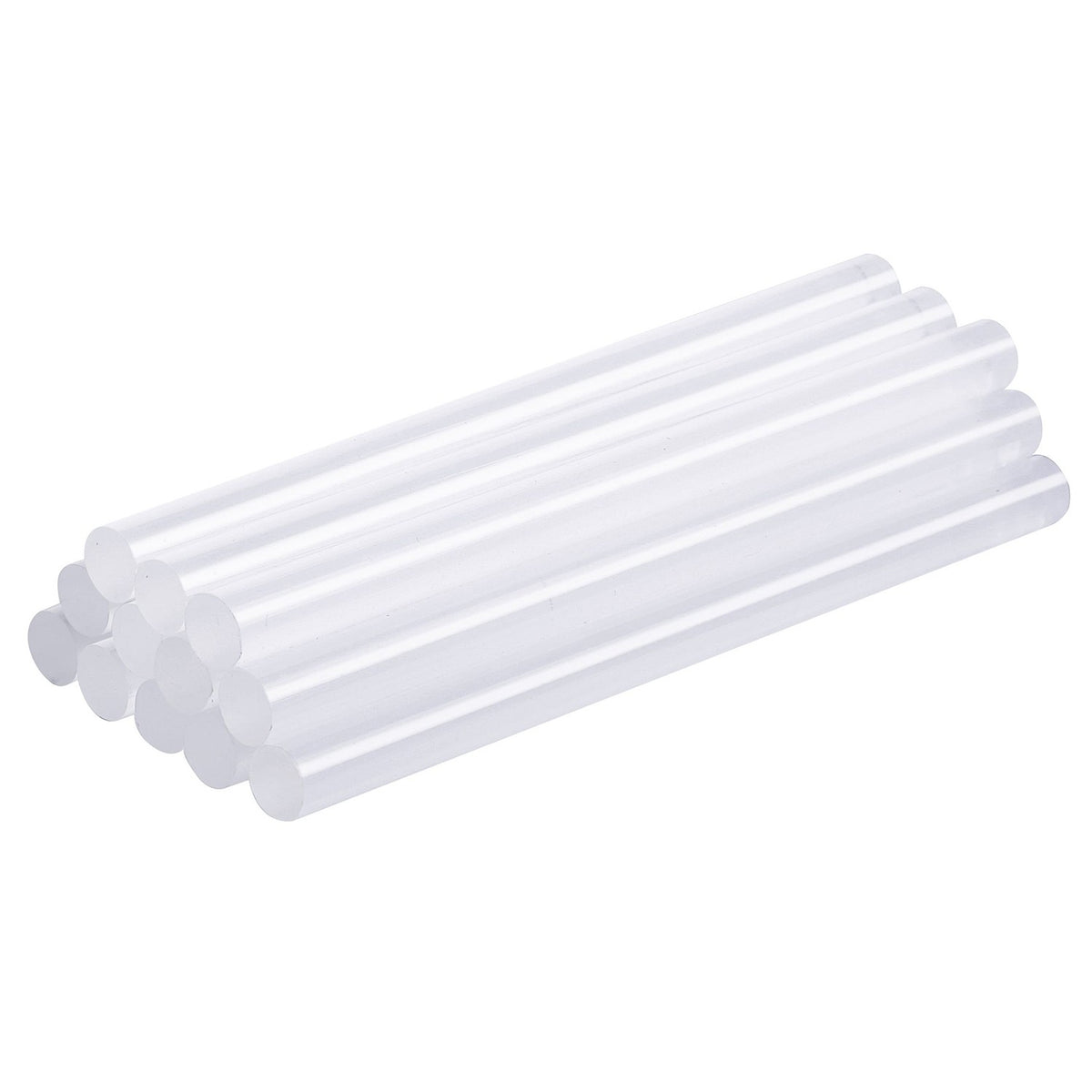 Twelve clear 4-inch mini glue sticks grouped together on a white background