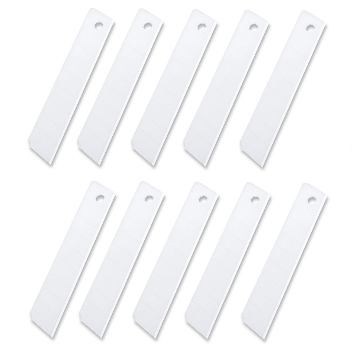 Ten ceramic utility knife razor blades arranged in a row for craft and box cutter replacement use.