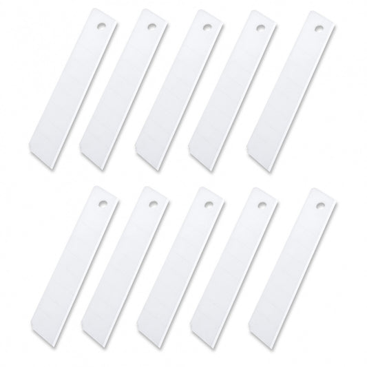 Ten ceramic utility knife razor blades arranged in a row for craft and box cutter replacement use.