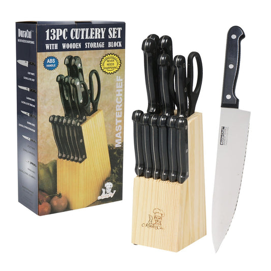 MasterChef kitchen knife set with stainless steel knives organized in a wooden storage block