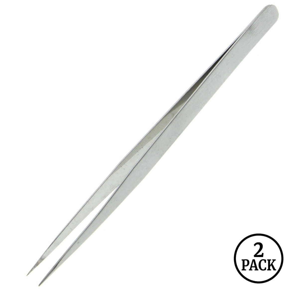 Two fine point precision stainless steel tweezers for eyebrow and hair removal.