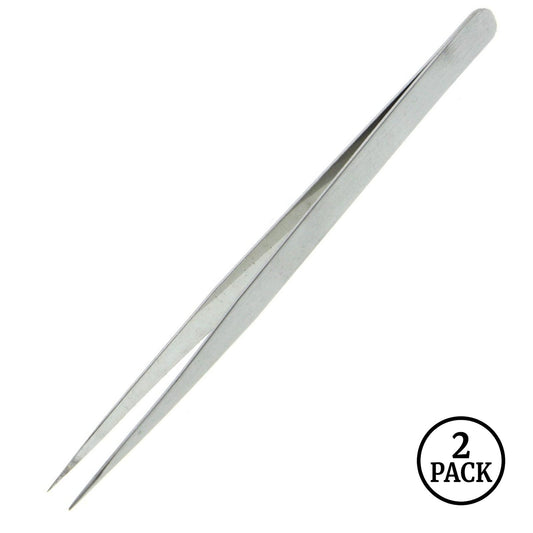 Two fine point precision stainless steel tweezers for eyebrow and hair removal.