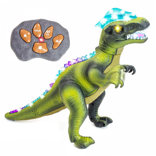 Green Kidplokio remote control T Rex dinosaur toy with LED lights and sound features
