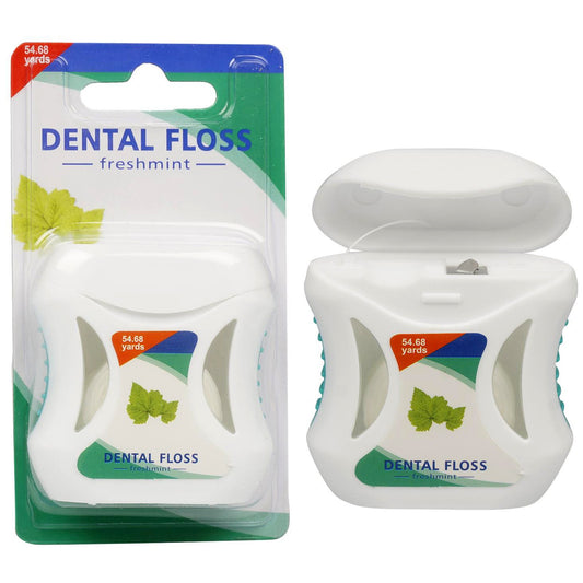 Twelve packs of Fresh Mint dental floss for teeth and gum care arranged together.