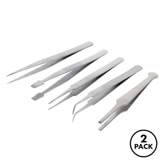 Five-piece stainless steel hobby tweezer set in a 2 pack, arranged for arts and crafts use.