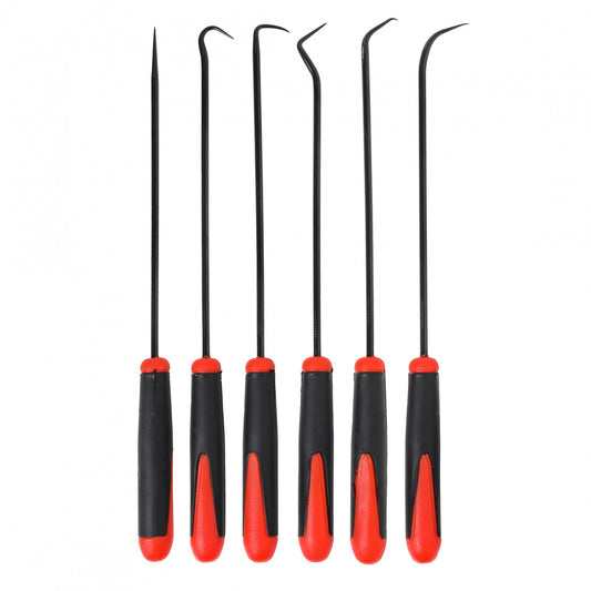 Six-piece hook and pick tool set arranged side by side with metal shafts and handles.