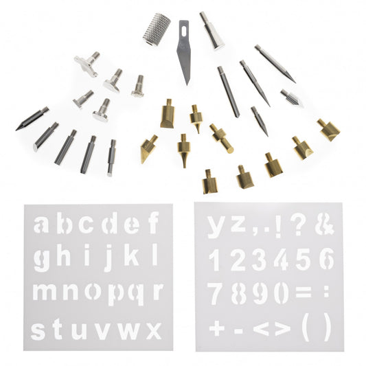 Set of 28 wood burning and soldering tips with stencils for crafting