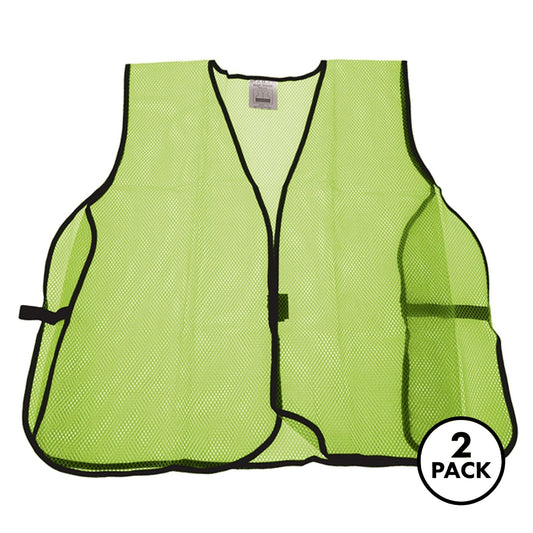 Two lime green high visibility mesh safety vests laid flat, one size fits all.
