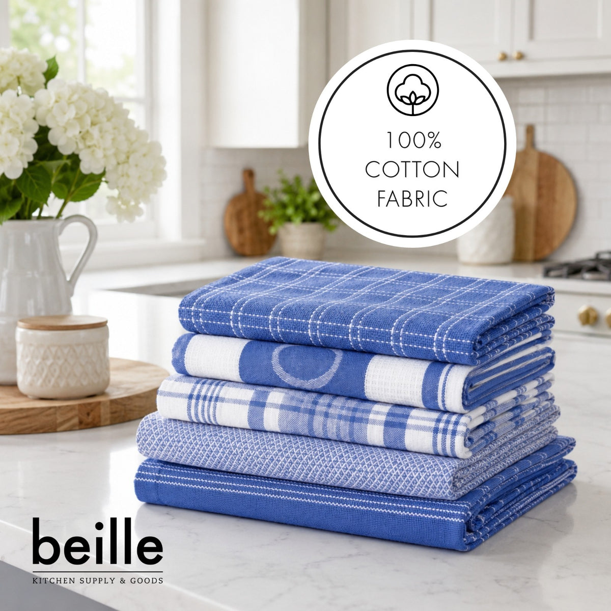 2 Pack Beille 100% Cotton Kitchen Dish Cloth & Tea Towels Machine Washable 5pk