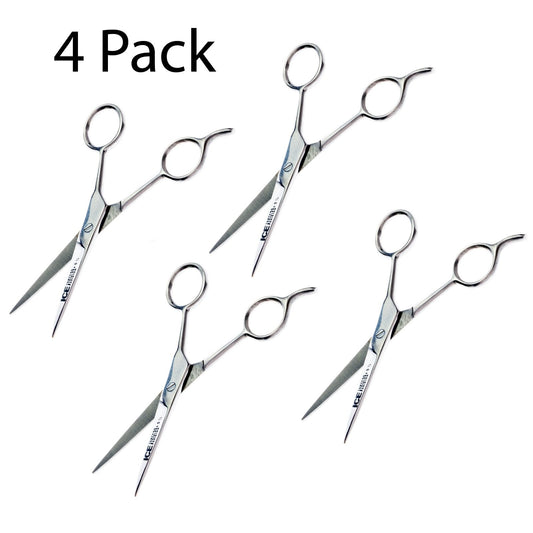 Set of four 5.5-inch tempered steel salon hairdressing scissors grouped together.