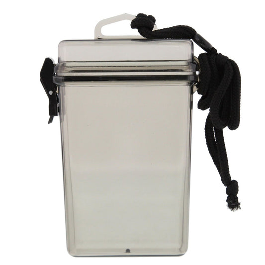 Waterproof storage container with lanyard, made from translucent durable plastic.