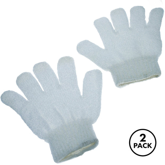 two white exfoliating bath mitts