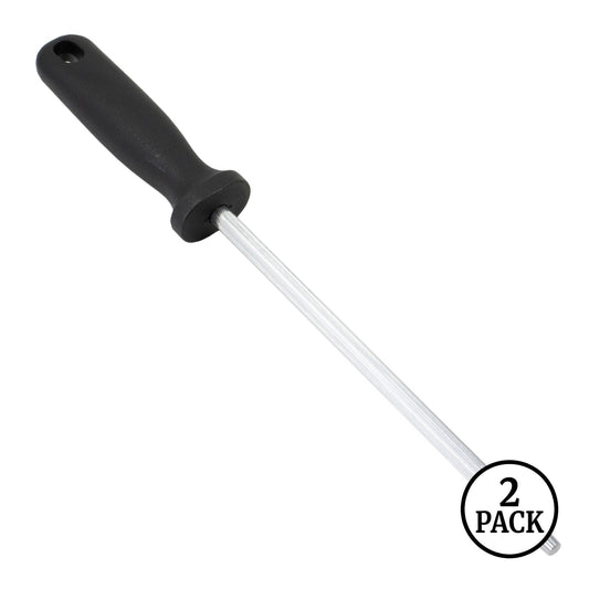 Two 12 inch T13 steel rod kitchen knife sharpeners with handles.
