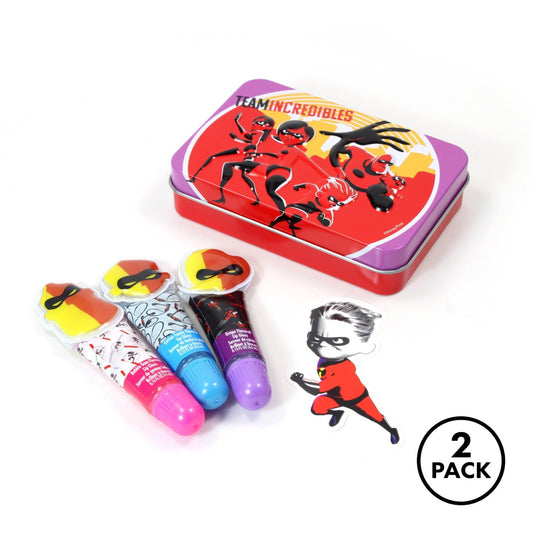 two sets of three lip gloss tins featuring Disney Incredibles Family superhero theme