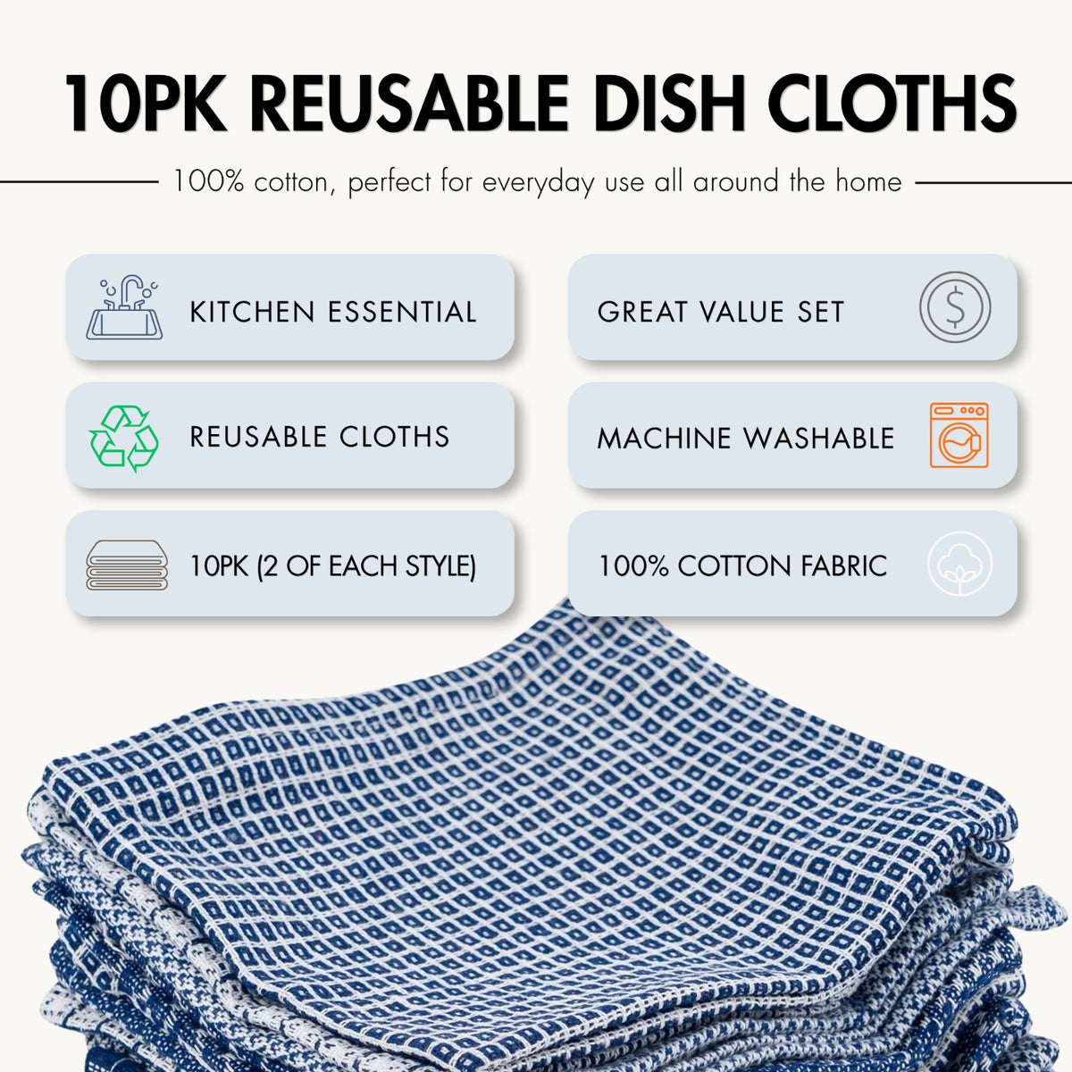 2 Pack Beille 100% Cotton Kitchen Dish Cloths, Machine Washable Towels, 10pk