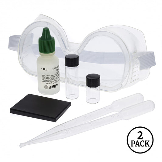 Two gold testing kits shown with included 7-piece components for 14k gold testing.