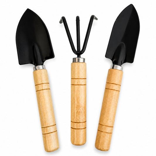 Set of three mini garden tools, including hand trowels and a cultivator, each 7 inches long