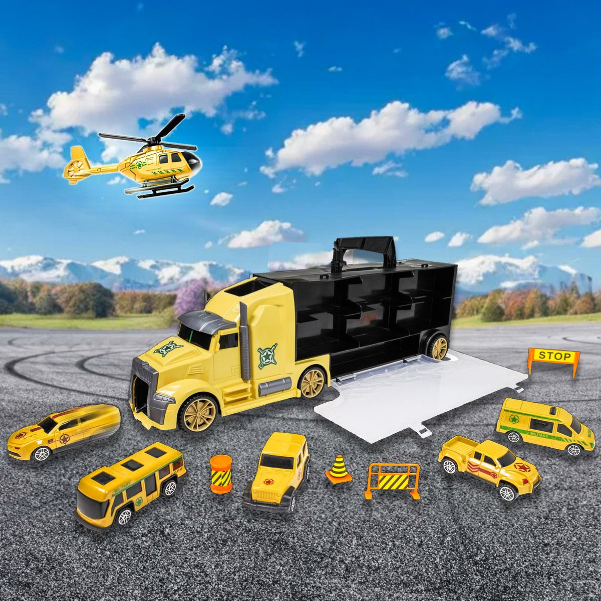 Kidplokio 11pc Army Military Semi Truck Toy Vehicle Transporter 6 Diecast Cars, view 5
