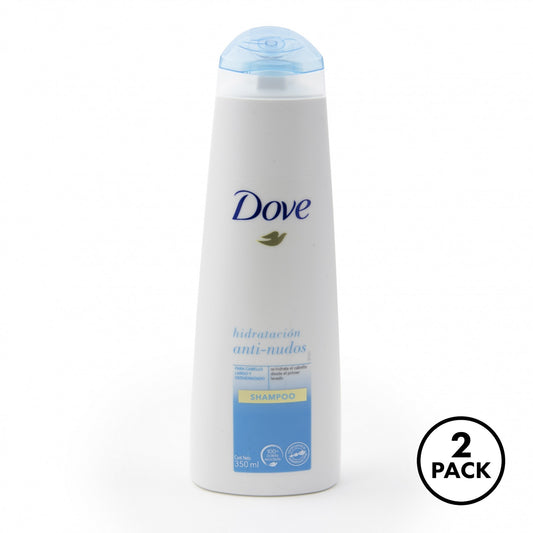 Two bottles of Dove Anti Knot Hydration Formula shampoo, 350mL each