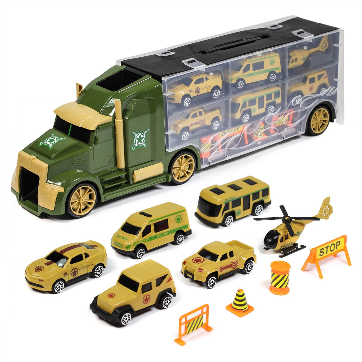 kids racing game play mat with diecast metal toy cars and car carrier playset, 11 pieces arranged together