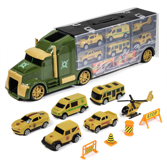 kids racing game play mat with diecast metal toy cars and car carrier playset, 11 pieces arranged together
