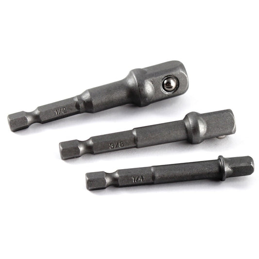 Set of three metallic extension socket bits with hex shanks, arranged side by side for drill compatibility