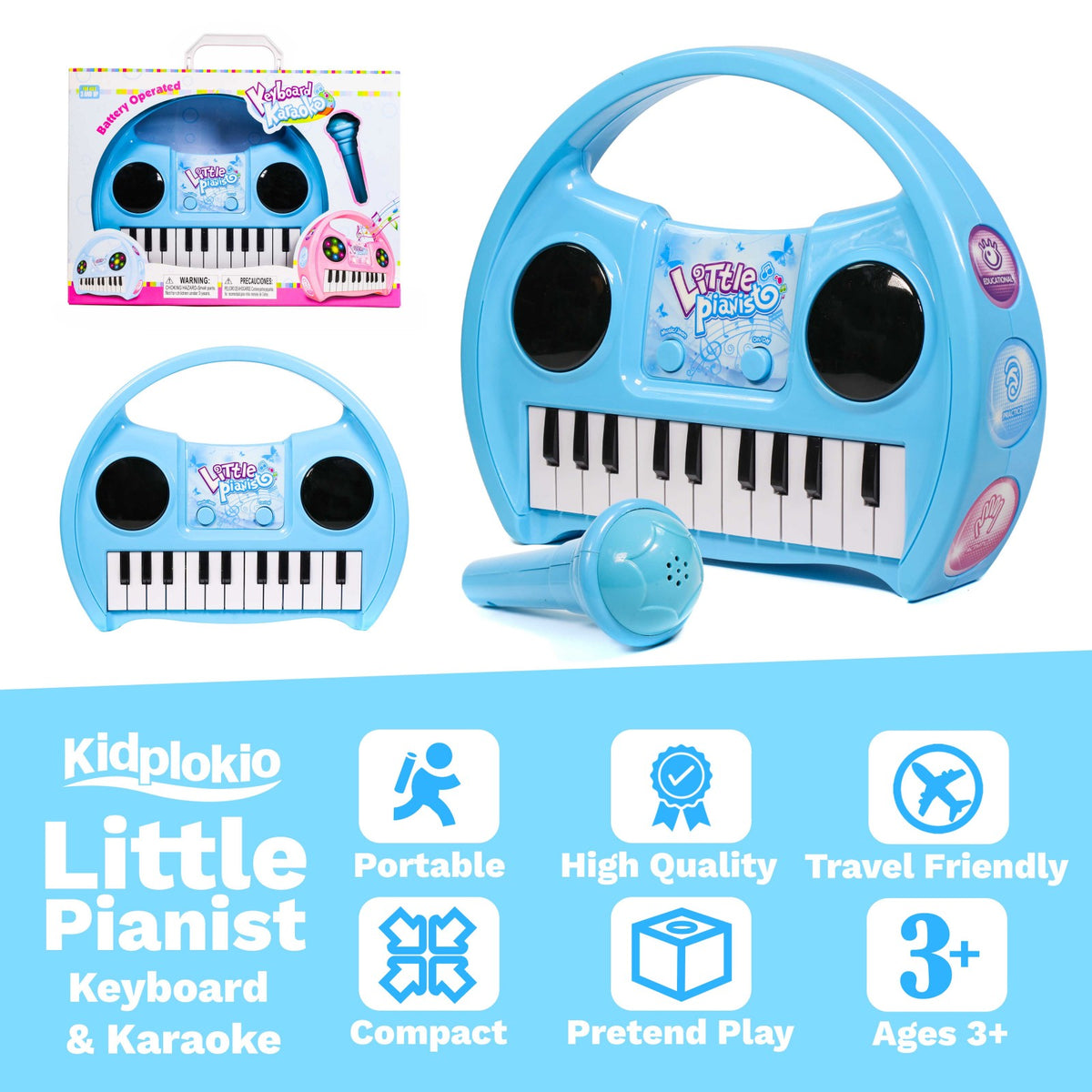 Kidplokio Kids Keyboard Piano with Microphone Lights Music Sounds, Blue, Boys, view 3