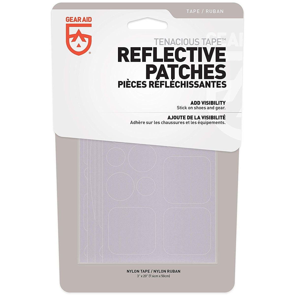 Tenacious Tape reflective patches for safety, shown as patches for jackets, bikes, and outdoor gear.