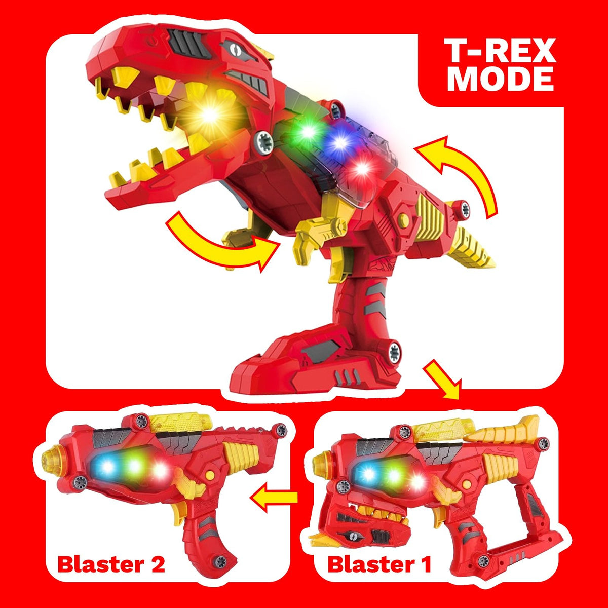Kidplokio 3 in 1 Transforming Dinosaur Toy Space Blaster Lights and Sounds, Red, view 4