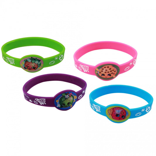 4 stretchy silicone Shopkins bracelets with D'Lish Donut and Apple Blossom designs