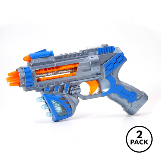 Two blue Kidplokio Sonic Space Blaster toy guns, each with light and sound features.