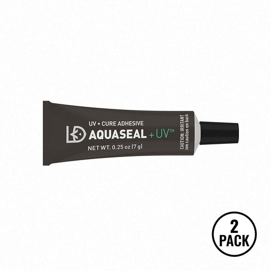 Two tubes of Gear Aid UV Cure AquaSeal adhesive, .25oz each, suitable for camping field repairs.