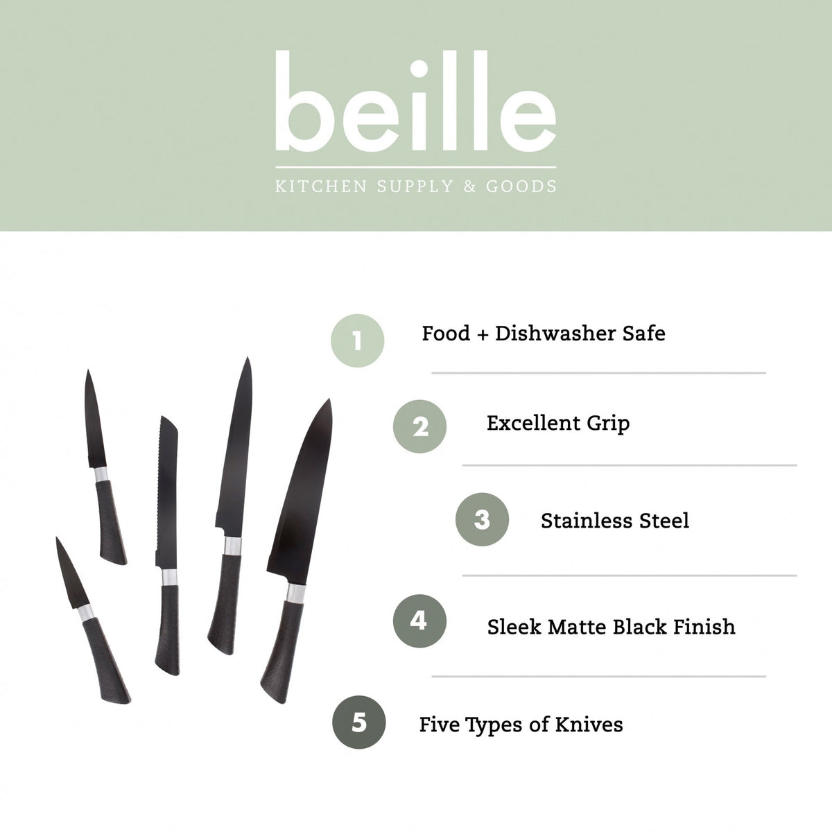 Beille Stainless Steel Black Knife Set Kitchen Utensils, 5pc