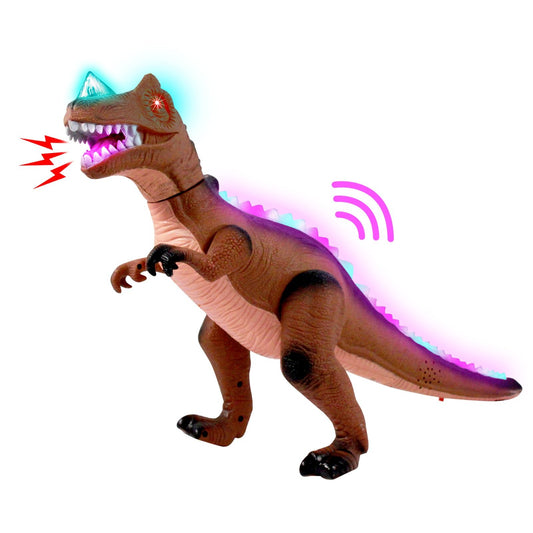 Brown remote control T-Rex dinosaur toy with light-up features and RC controller.