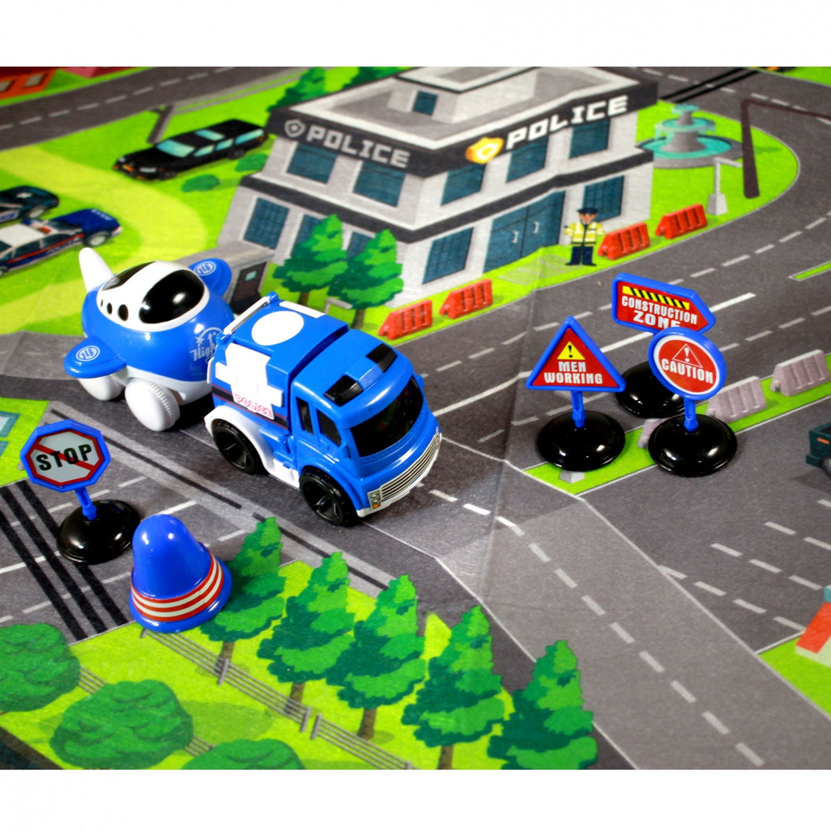 Kidplokio 8pc Urban City Police Friction Powered Toy Cars with Play Mat, Blue,, view 6