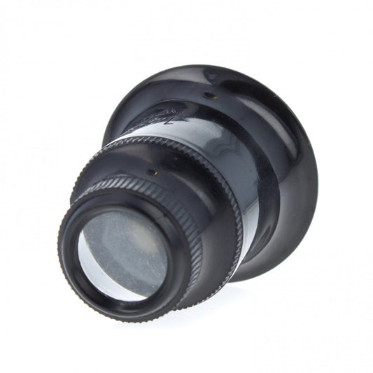 Single jeweler's eye loupe marked 14X magnification, compact and metallic in finish.