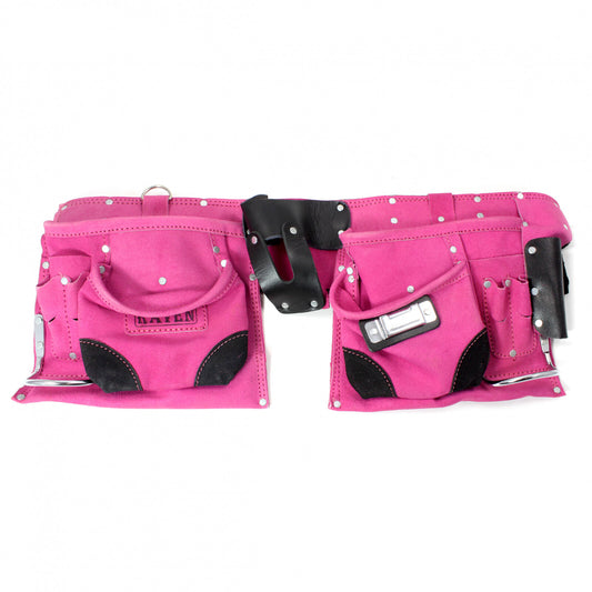 Pink suede leather tool belt pouch with nine pockets, sized to fit hammer and nails