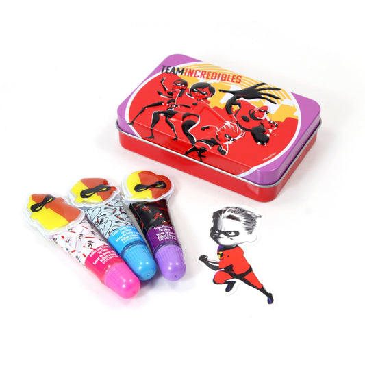 Set of three Disney Incredibles Family themed lip gloss tins arranged together