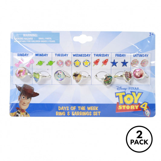 Two sets of Toy Story stick-on earrings and rings arranged for each day of the week.