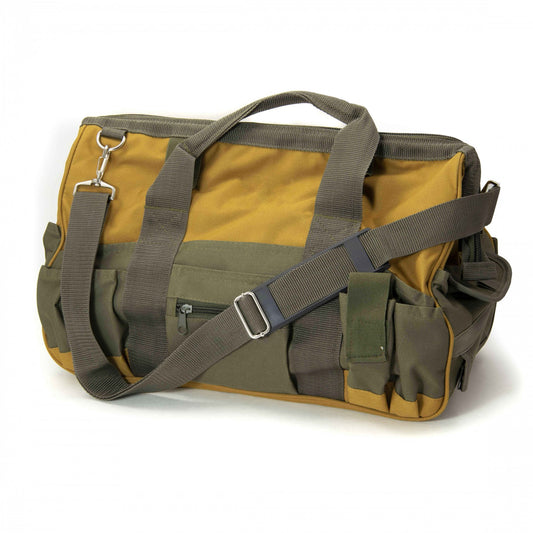 Black nylon tool bag with side pockets and a detachable shoulder strap, approximately 18 x 8.5 inches