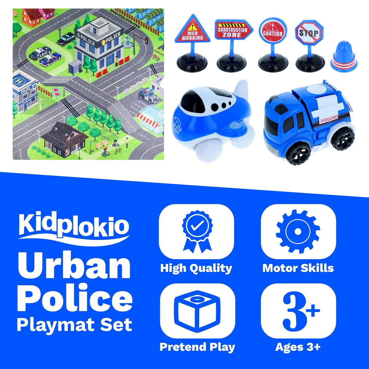 Kidplokio 8pc Urban City Police Friction Powered Toy Cars with Play Mat, Blue,, view 3