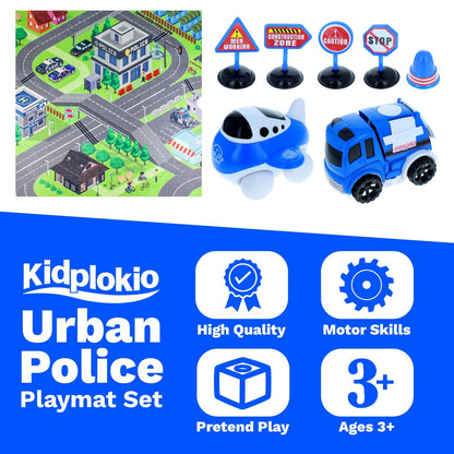 Kidplokio 8pc Urban City Police Friction Powered Toy Cars with Play Mat, Blue,, view 3