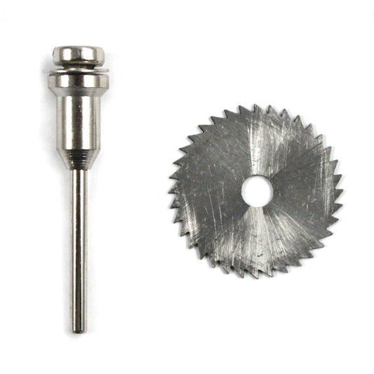 Mini high speed steel saw blade and matching mandrel, side by side