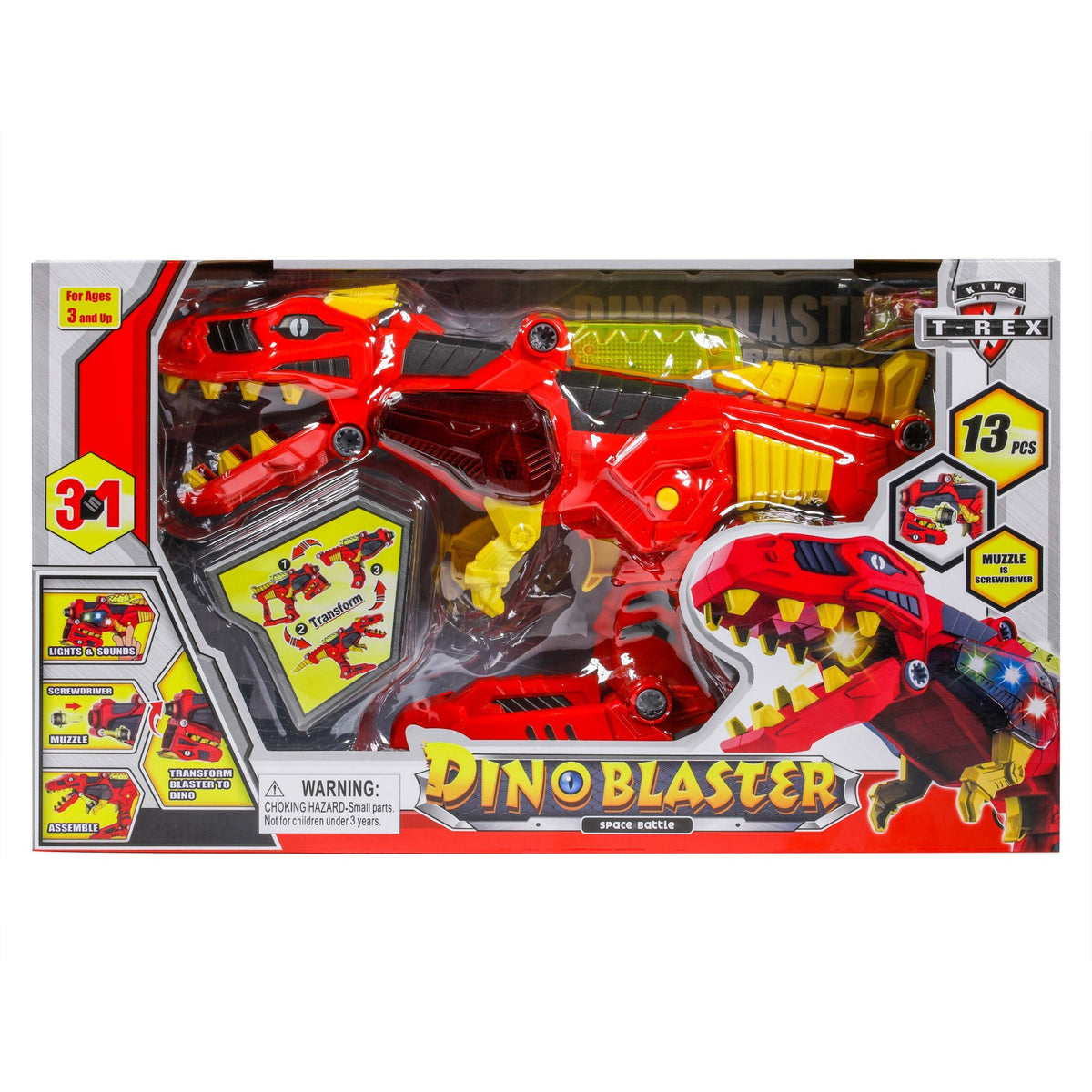 Kidplokio 3 in 1 Transforming Dinosaur Toy Space Blaster Lights and Sounds, Red, view 11