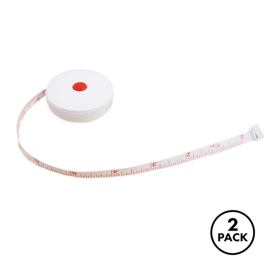 Two retractable tape measures with 60 inch markings, designed for sewing, arts and crafts tasks.
