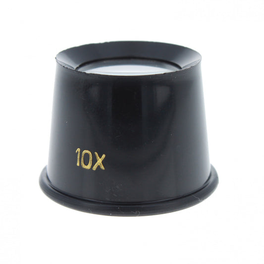 Jewelers loupe with 25mm diameter glass lens and plastic body, shown on a plain surface.