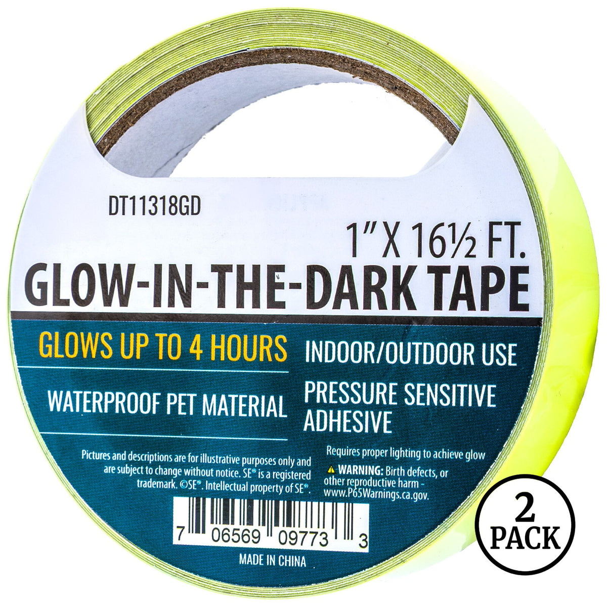 ToolTreaux Waterproof Fluorescent Glow in the Dark Tape, two rolls of 16ft each