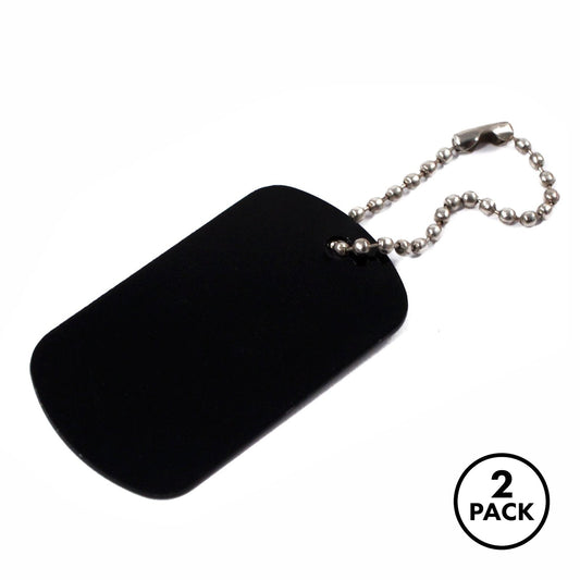 Two blank aluminum dog tags attached to key chains, shown as a pair.