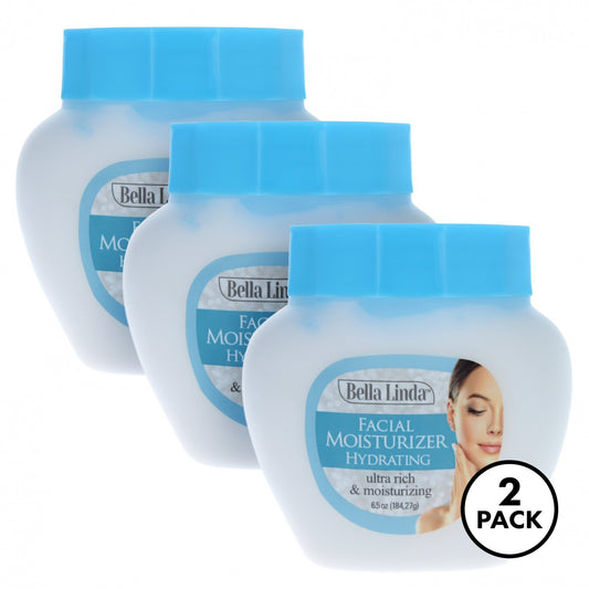 Two packs, each containing three 6.5oz bottles of Bella Linda face moisturizer cream.